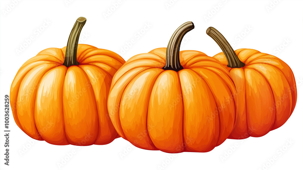 A neat arrangement of three orange pumpkins isolated on a white background, capturing the essence of fall with their vibrant color and rustic appeal. A neat arrangement of three orange pumpkins isolated on a white background, capturing the essence of fall with their vibrant color and rustic appeal.