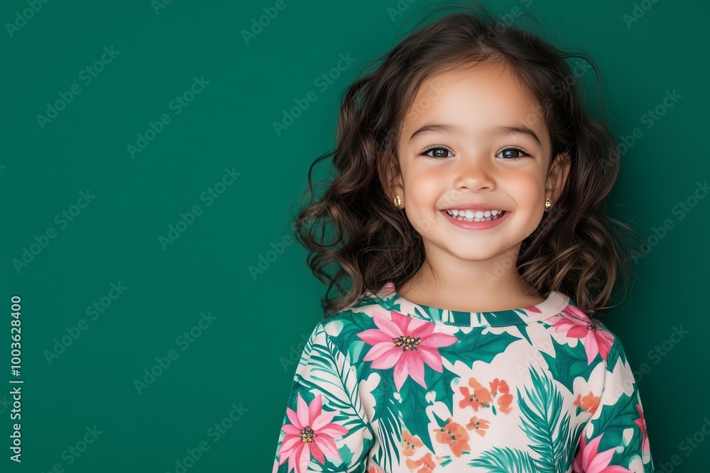 smiling little girl wearing sweatshirt with poinsettia floral print, copy space, solid color dark green background smiling little girl wearing sweatshirt with poinsettia floral print, copy space, solid color dark green background