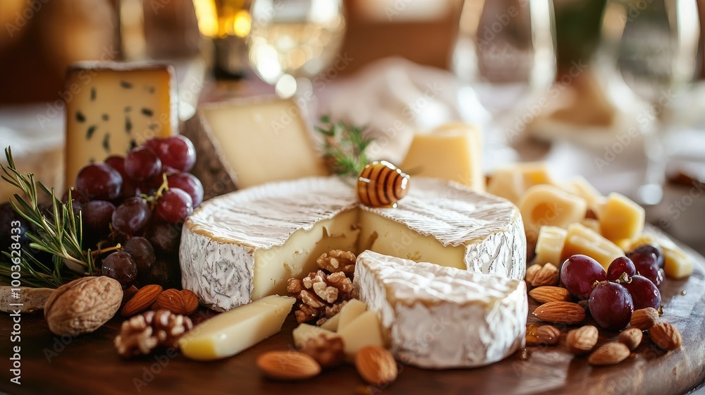 A beautiful cheese board featuring various cheeses made from cow's milk, garnished with nuts, fruits, and honey for an elegant presentation. A beautiful cheese board featuring various cheeses made from cow's milk, garnished with nuts, fruits, and honey for an elegant presentation.