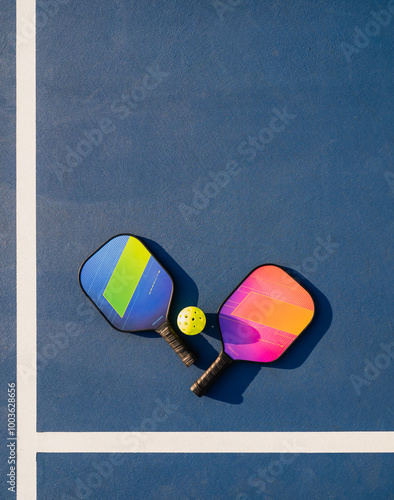 Two pickleball paddles and ball on blue outdoor court on sunny day.