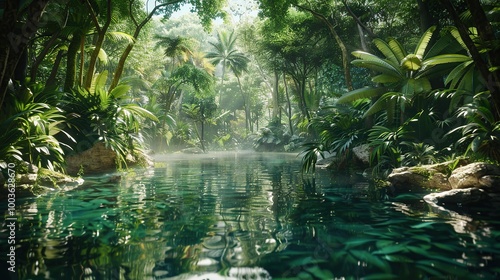 Fototapeta Naklejka Na Ścianę i Meble -  A beautiful and secluded rainforest lagoon surrounded by dense foliage, with crystal-clear water reflecting the vibrant greenery