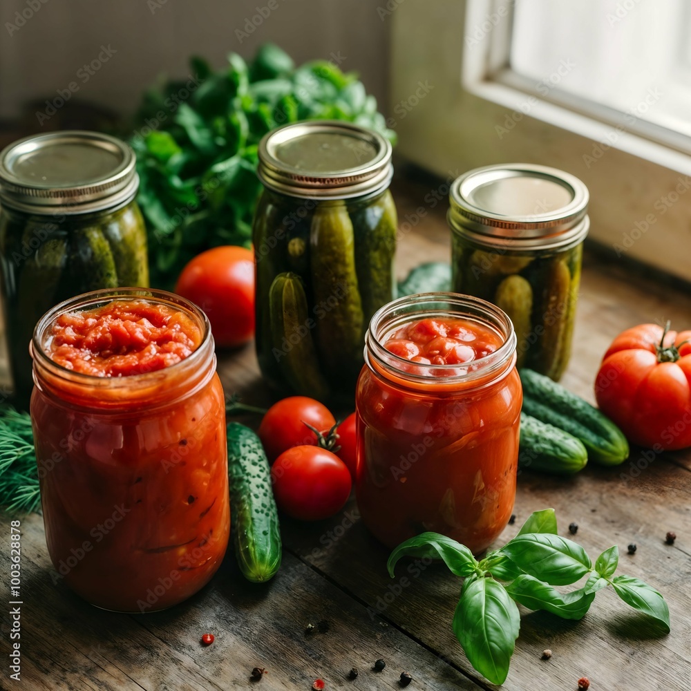 Jars of homemade tomato sauce and pickles with tomatoes and cucumbers Jars of homemade tomato sauce and pickles with tomatoes and cucumbers