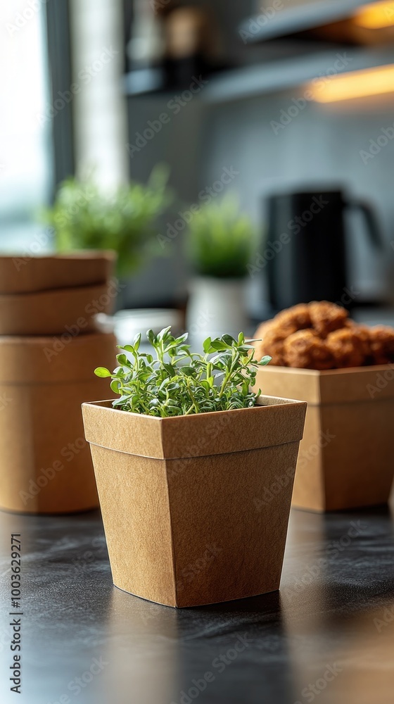Potted green plant in eco-friendly container on table. Potted green plant in eco-friendly container on table.