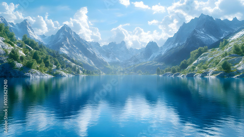 Mountain Lake with Blue Sky and White Clouds - 3D Illustration