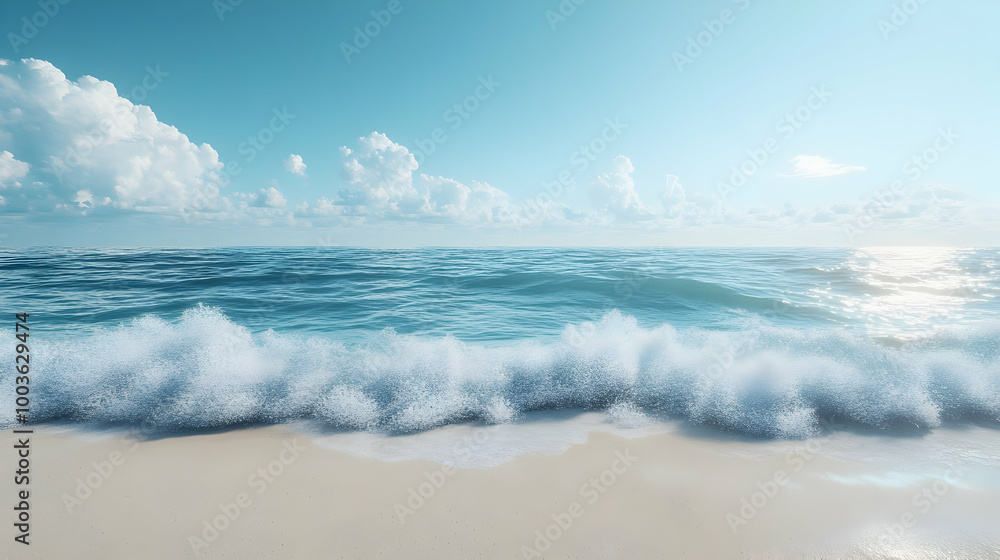 Fototapeta premium Calm Ocean Waves Crashing on Sandy Beach 3D Illustration