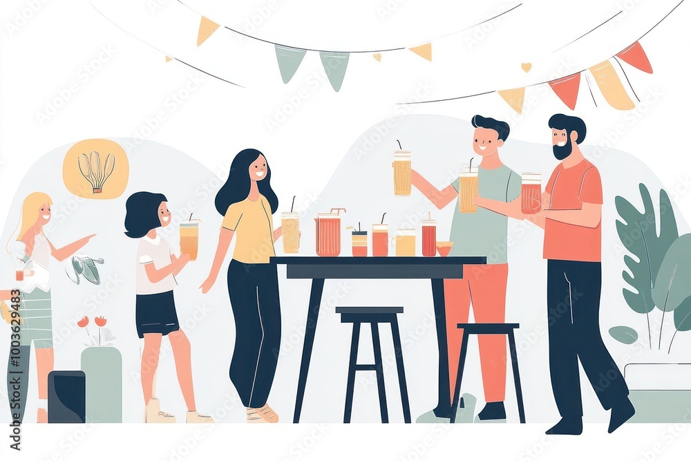 A group of friends enjoy drinks together at a table with a pitcher of juice and decorated with bunting flags. A group of friends enjoy drinks together at a table with a pitcher of juice and decorated with bunting flags.