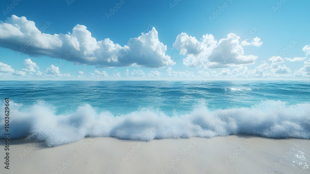Stunning 3D Render of a Beach with Blue Ocean and White Clouds Stunning 3D Render of a Beach with Blue Ocean and White Clouds