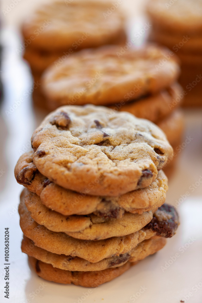 Close up on stack of chocolate chip cookies Close up on stack of chocolate chip cookies