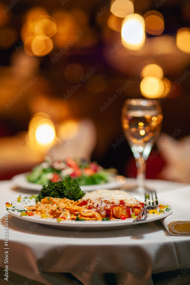 Side view of entree and glass of wine bokeh lights in background Side view of entree and glass of wine bokeh lights in background