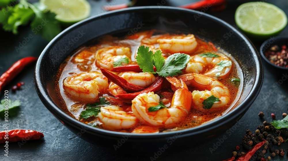A bowl of spicy prawn soup with fresh seafood, garnished with red chili peppers and lime, surrounded by traditional Asian spices. A bowl of spicy prawn soup with fresh seafood, garnished with red chili peppers and lime, surrounded by traditional Asian spices.