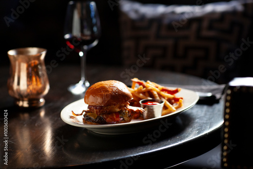 A meat lovers burger and side of fries on dark table