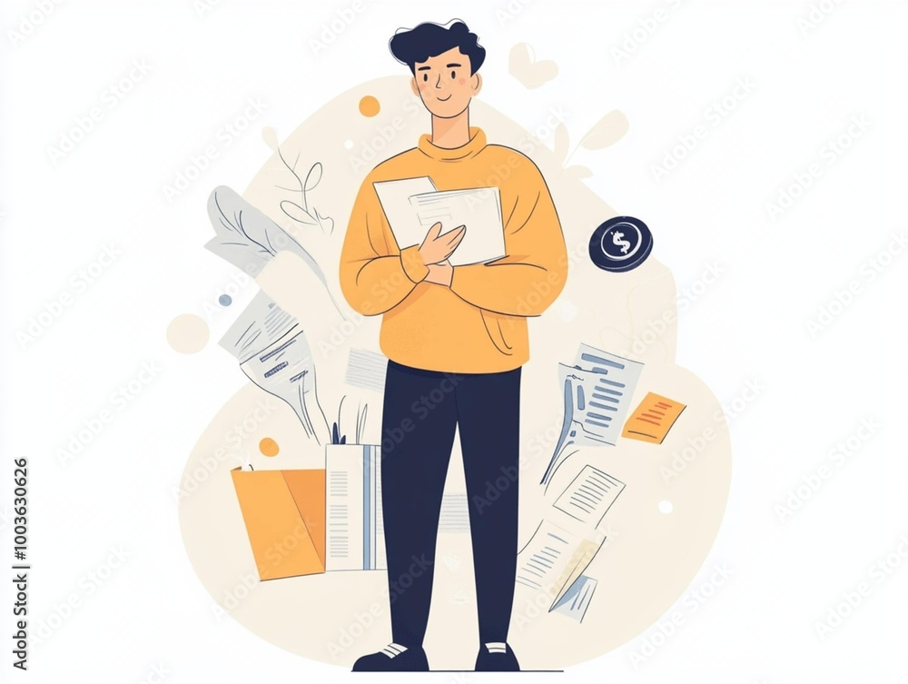 A man holding a laptop and documents, a drawing, illustration A man holding a laptop and documents, a drawing, illustration