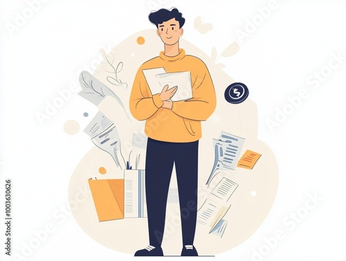 A man holding a laptop and documents, a drawing, illustration