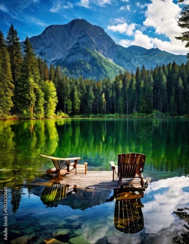 A serene mountain lake with crystal-clear water reflecting the surrounding forest and mountain. A wooden dock with two chairs invites relaxation and contemplation in this peaceful natural setting.