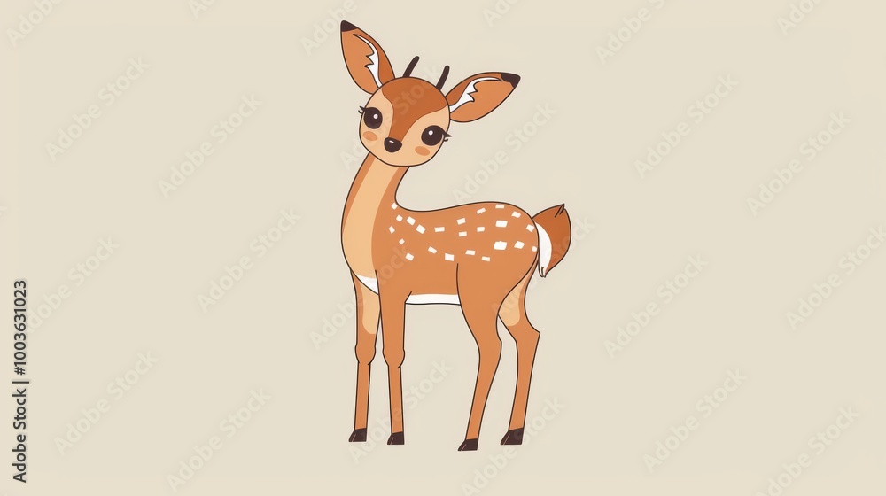 Obraz premium Charming cartoon deer illustration with big eyes and spots on a beige background, perfect for children's decor and nature-themed designs.