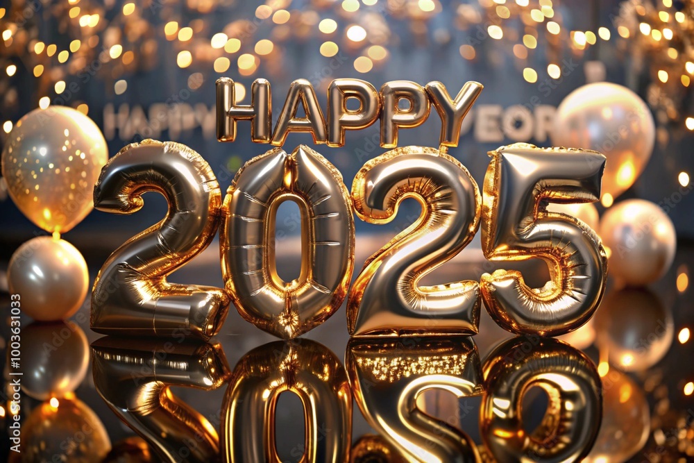 Helium balloons made of gold foil with the numbers 2025, the inscription Happy New Year and confetti on a black background. A festive banner for a party and New Year's Eve. Helium balloons made of gold foil with the numbers 2025, the inscription Happy New Year and confetti on a black background. A festive banner for a party and New Year's Eve.