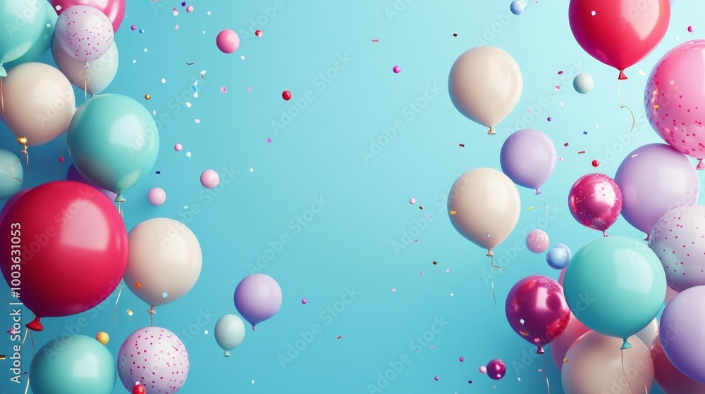 Whimsical and playful background with floating balloons in a variety of shapes and colors, adding a touch of magic to the birthday party Whimsical and playful background with floating balloons in a variety of shapes and colors, adding a touch of magic to the birthday party