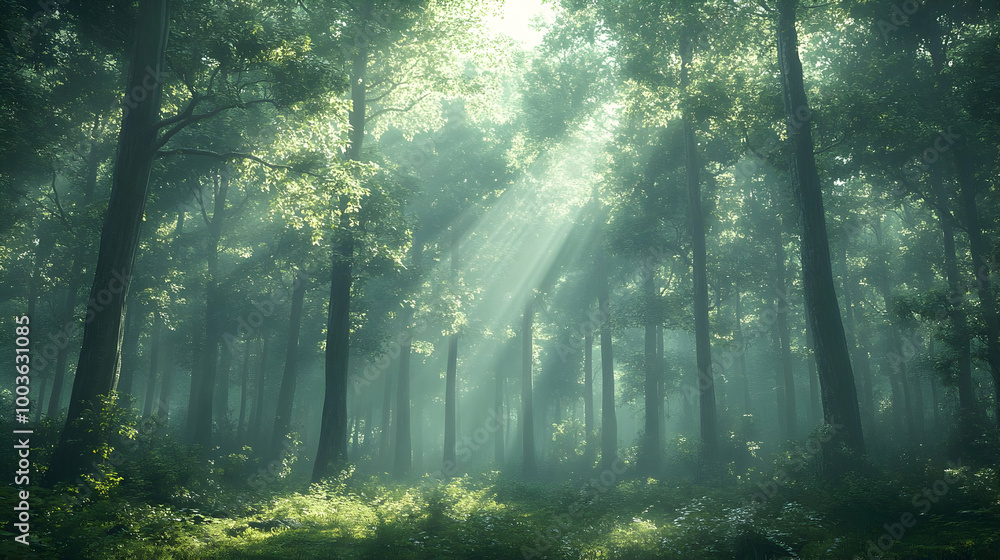 Naklejka premium Sun Rays Through Misty Forest - 3D Illustration