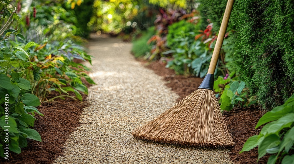 custom made wallpaper toronto digitalA broom made of natural fibers sweeping a dirt path in a garden, with lush greenery surrounding the scene.