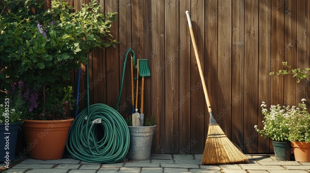 A broom propped against a wooden fence, with a garden hose and potted plants in the background, creating a simple, homely outdoor scene.