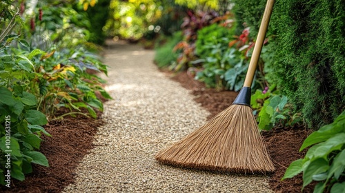 Wallpaper Mural A broom made of natural fibers sweeping a dirt path in a garden, with lush greenery surrounding the scene. Torontodigital.ca
