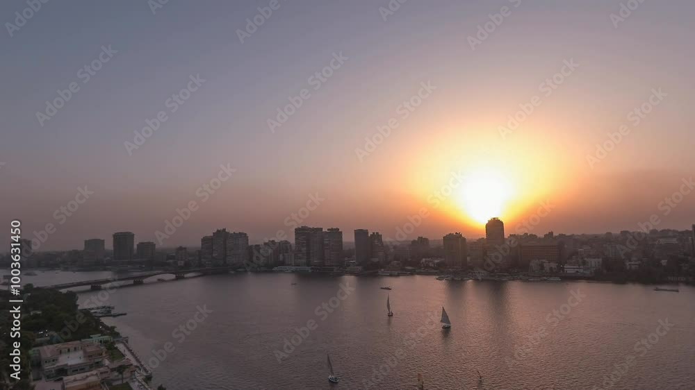 Sunset Timelapse video from Cairo, Egypt shows Nile river , bridge and boats Sunset Timelapse video from Cairo, Egypt shows Nile river , bridge and boats