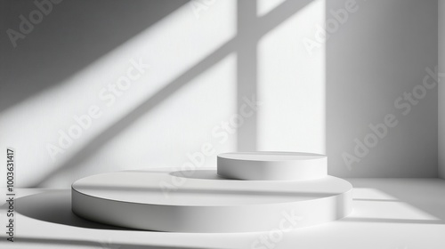 White round podium with dynamic lighting and shadow play, adding depth and visual interest to the product presentation