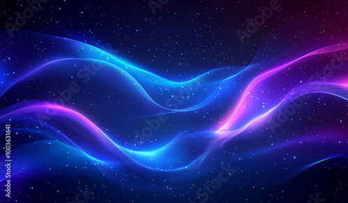 Abstract Neon Wave Light Flow with Blue and Pink Gradient – Futuristic Cosmic Background Featuring Glowing Stars and Smooth Light Trails