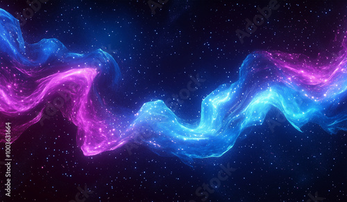 Cosmic Neon Light Waves in Blue and Pink – Abstract Galactic Flow with Starry Night Background for Futuristic and Digital Space Designs
