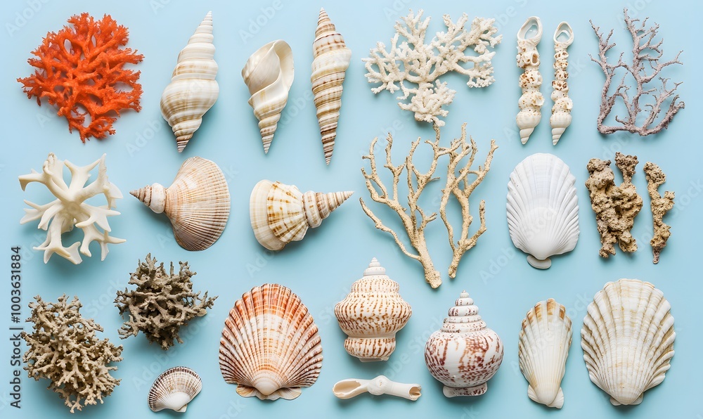 Obraz premium An assortment of sea shells and coral pieces arranged in a flat lay, Generative AI