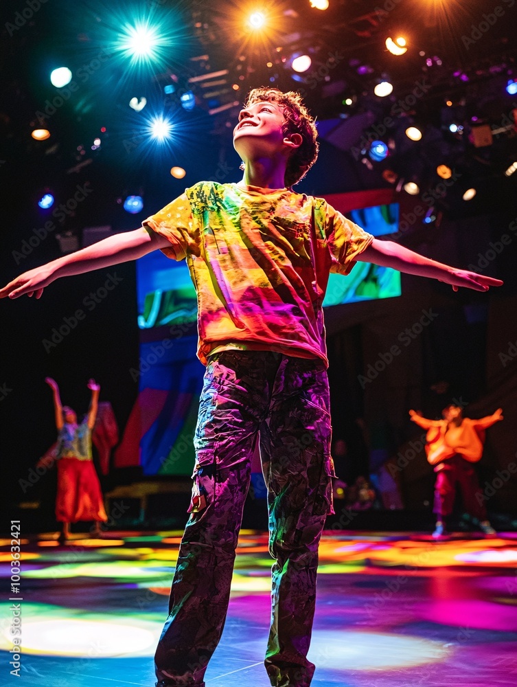 Fototapeta premium A lively young performer practices his lines under glowing lights, surrounded by a kaleidoscope of costumes.