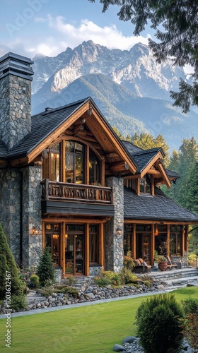 A large house with a stone chimney sits on a hillside