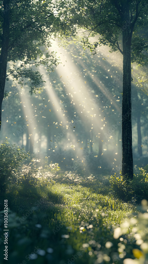 Fototapeta premium Sunbeams Through The Trees Illustration