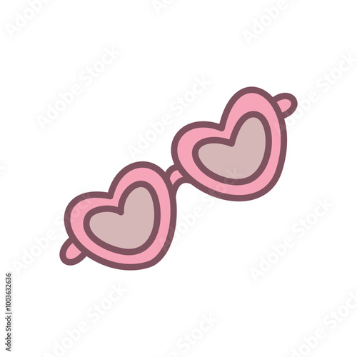 Cute sunglasses icon. Hand drawn illustration of a pink heart-shaped glasses isolated on a white background. Kawaii St. Valentine day sticker. Vector 10 EPS.