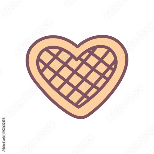 Cute waffle icon. Hand drawn illustration of a heart-shaped Belgian waffle isolated on a white background. Kawaii St. Valentine day sticker. Vector 10 EPS.