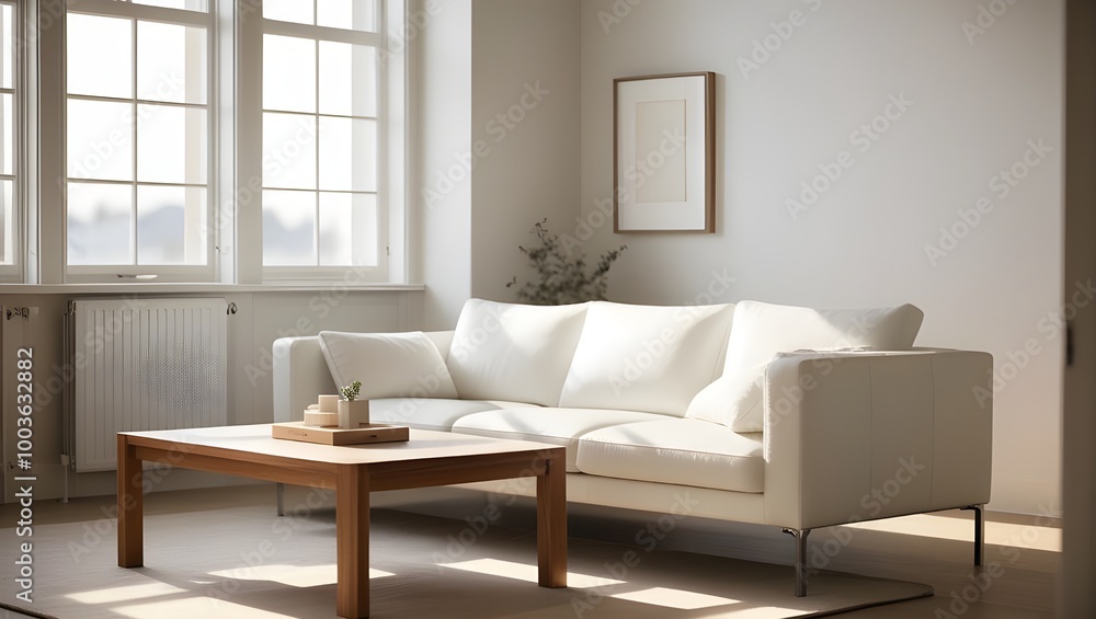 A cozy modern living room with a sleek white sofa and a wooden coffee table A cozy modern living room with a sleek white sofa and a wooden coffee table