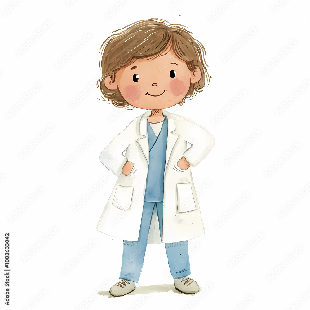 A cute little boy wearing a white lab coat and blue scrubs, clipart on a plain background A cute little boy wearing a white lab coat and blue scrubs, clipart on a plain background