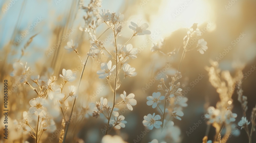 Close-up of delicate wildflowers with intricate details and soft sunlight filtering through, set Close-up of delicate wildflowers with intricate details and soft sunlight filtering through, set