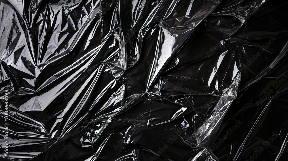 Wrinkled plastic wrap texture on a black background, modern, abstract, focus on light reflection and texture. Wrinkled plastic wrap texture on a black background, modern, abstract, focus on light reflection and texture.
