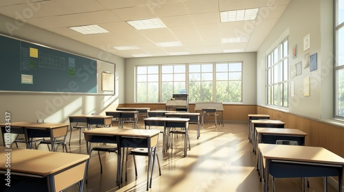 North American classroom with a clean, organized teacher's desk and student desks, leaving space for copy.