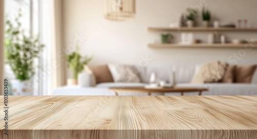 Natural Wooden Tabletop in a Bright and Minimalistic Living Room with Soft Furnishings and Greenery Decor