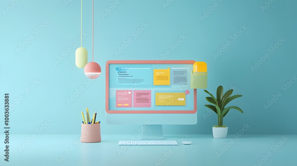 3D Web Vector Illustrations. Computer with open pages. Landing page template for web. 3D Web Vector Illustrations. Computer with open pages. Landing page template for web.