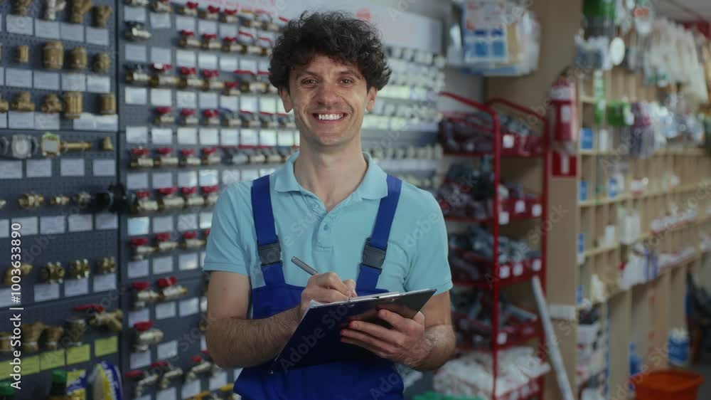 Salesman merchandising and checking plumbing hardware assortment on shop display Salesman merchandising and checking plumbing hardware assortment on shop display