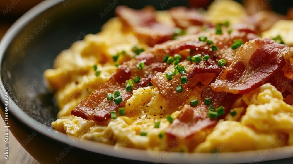 Close-up photography of a simple yet delicious breakfast with scrambled eggs, bacon, Close-up photography of a simple yet delicious breakfast with scrambled eggs, bacon,