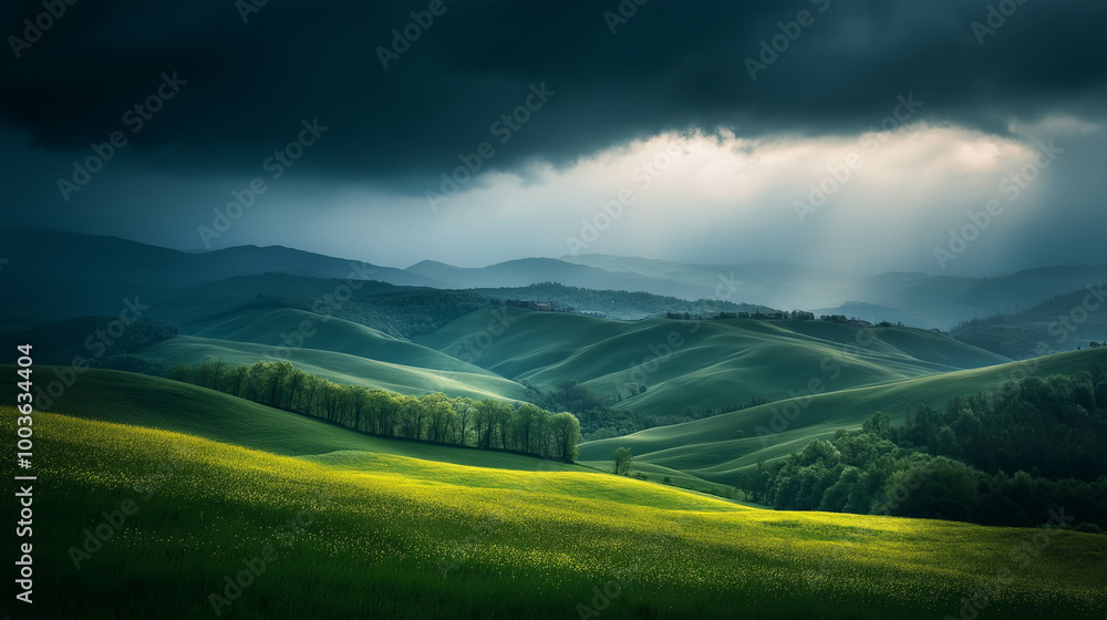 Fototapeta premium Mystical Rainy Night Over a Landscape of Rolling Hills