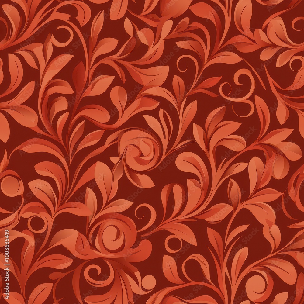 A rich red and orange floral pattern with swirling vines and leaves, creating a warm and inviting textile design. A rich red and orange floral pattern with swirling vines and leaves, creating a warm and inviting textile design.