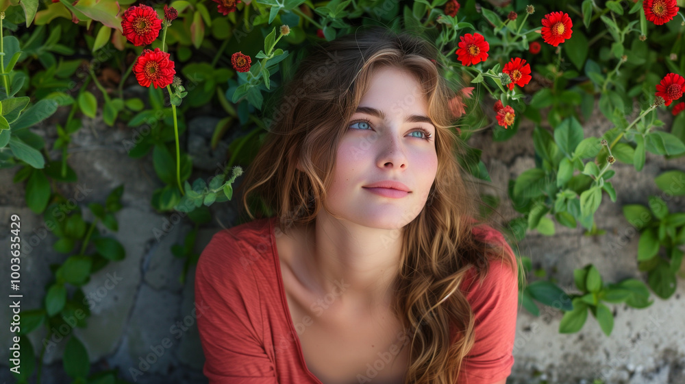 Young woman with thoughtful expression surrounded by red flowers and green foliage Young woman with thoughtful expression surrounded by red flowers and green foliage