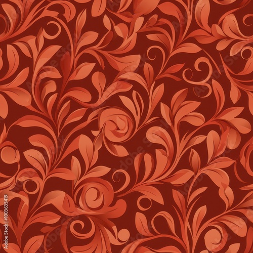 A rich red and orange floral pattern with swirling vines and leaves, creating a warm and inviting textile design.