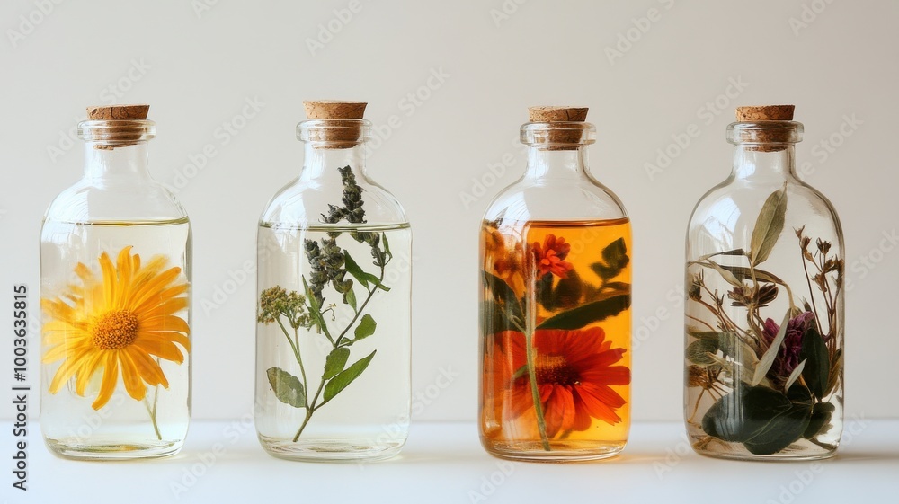 Colorful infused oil bottles with flowers and herbs, white isolated background. Colorful infused oil bottles with flowers and herbs, white isolated background.