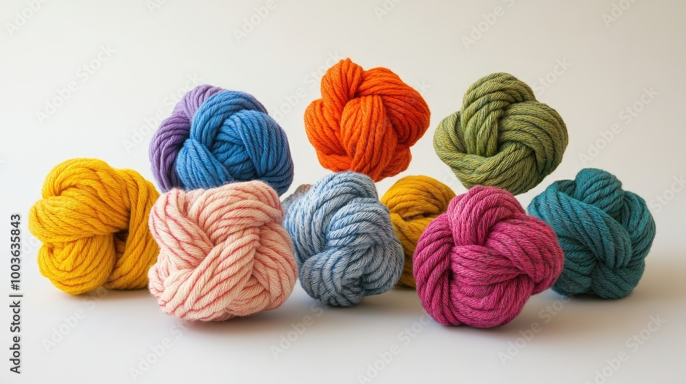 A collection of colorful yarn balls with various knots tied in them, creating a cozy and creative atmosphere for knitting enthusiasts. A collection of colorful yarn balls with various knots tied in them, creating a cozy and creative atmosphere for knitting enthusiasts.